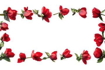 Red sweet tulips flowers forming a rectangular frame isolated on transparent background. Row of red tulips bottom border frame isolated on white background.