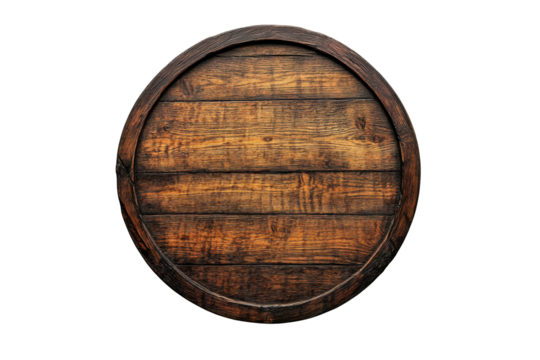 Old wooden barrel end isolated on transparent background. Round wooden sign board or shield isolated on white background.