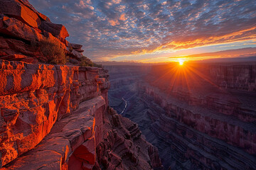 Experience enchanting beauty of a sunrise over a breathtaking gorge, as first rays of light gently illuminate deep chasm, bringing to life vibrant colors of nature and filling landscape with promise o