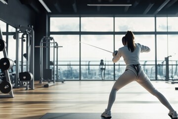 Fototapeta premium Young woman training with resistance band in a modern gym during daylight