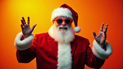 Nightclub invite on christmas party celebration funky crazy santa claus dj in white headset sing song sound melody listen music dance wear stylish x-mas hat suspenders isolated yellow color background