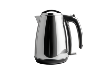 Shiny metal thermos jug with black handle isolated on transparent background. Shiny stainless steel kettle isolated on white background.