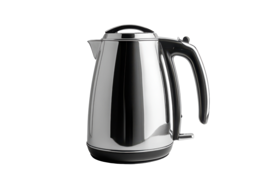 Shiny metal thermos jug with black handle isolated on transparent background. Shiny stainless steel kettle isolated on white background.