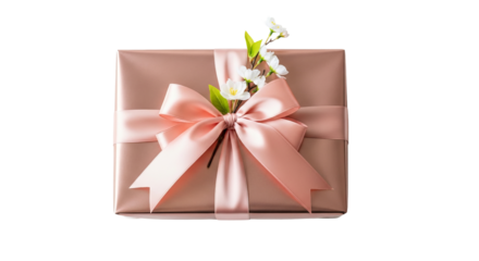 Gift box displays a large pink ribbon and decorative flowers against rose-gold wrapping paper.