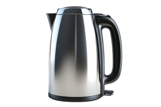 Shiny metal thermos jug with black handle isolated on transparent background. Shiny stainless steel kettle isolated on white background. - Powered by Adobe