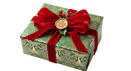 Gift box is decorated with a red velvet bow, seal, and holly, all wrapped in green and gold patterned paper.