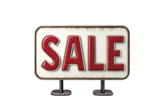 Vintage retro sale sign with red letters isolated on transparent background. Shopping sign "sale" text in red isolated on white background.