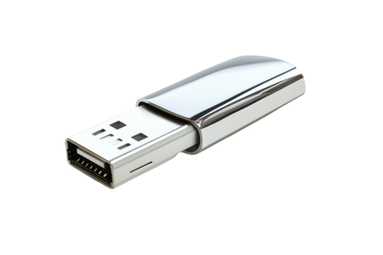 Shiny silver usb flash drive isolated on transparent background. Silver modern usb flash drive isolated on white background.