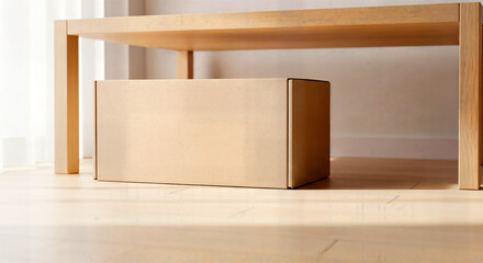 Fototapeta premium A cardboard box for delivery or storage sits on the floor under a wooden table.