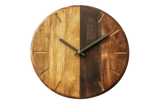 Rustic wooden oval clock with contrasting wood grain isolated on transparent background. Simple wall clock isolated on white background.