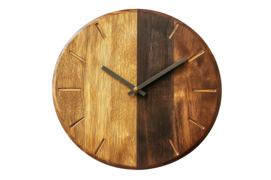 Rustic wooden oval clock with contrasting wood grain isolated on transparent background. Simple wall clock isolated on white background.