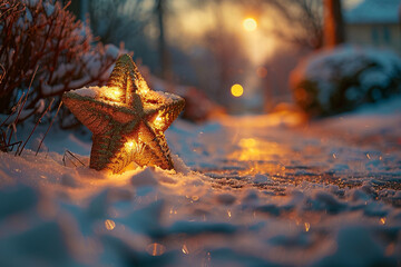 Experience enchantment of a Christmas star casting a warm glow on a snowy evening, inspiring emotions of optimism, affection, and festive season's joyous atmosphere   