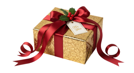 Gift is adorned with a red ribbon and holly sprig, set against an isolated . - high quality Gift is adorned with a red ribbon and holly sprig, set aga