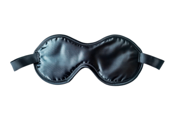 Luxurious black silk sleep mask with intricate pattern isolated on transparent background. Sleeping mask isolated on white background.