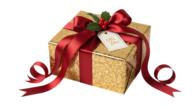 Gift is adorned with a red ribbon and holly sprig, set against an isolated . - high quality Gift is adorned with a red ribbon and holly sprig, set aga