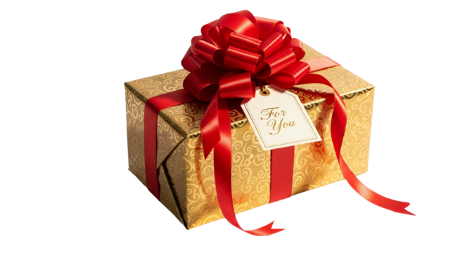 Gift is adorned with a red ribbon and a decorative bow, featuring a tag on a . - high quality Gift is adorned with a red ribbon and a decorative bow, - Powered by Adobe