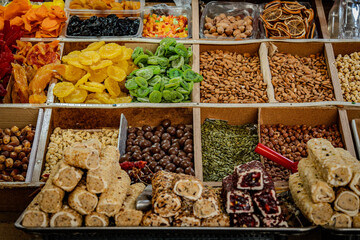 Assortment Of Dried Fruits And Nuts At Kutaisi Market Georgia Showcasing Traditional Flavors And Local Food Culture