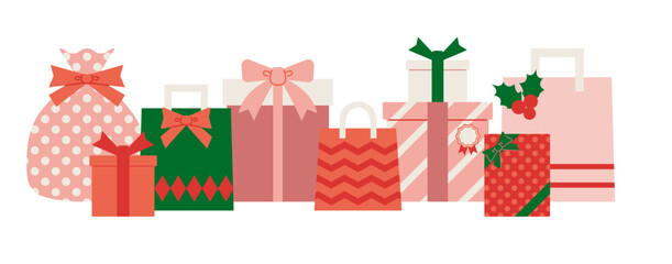 Illustration material of pink and green boxes and bags for Christmas gift wrapping