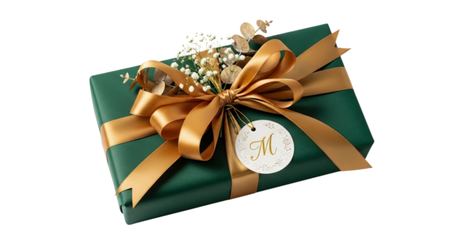 Gift sits wrapped in green paper and tied with a gold satin ribbon, decorated with flowers and a tag.