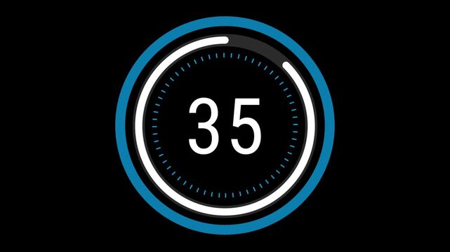 40-second sleek blue and white countdown with a rotating dashed inner ring, a pulsating outer circle, and a decreasing time gauge on a black background. 4K Motion Graphics.