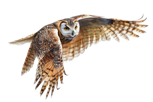 Barn owl in flight isolated on transparent background. Snowy owl in flight isolated on white background.