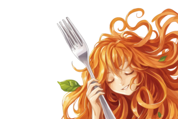Woman with fiery orange hair holding a silver fork isolated on transparent background.