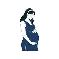 Minimalist vector illustration of a pregnant woman holding her belly in a simple line art style silhouette vector illustration white background