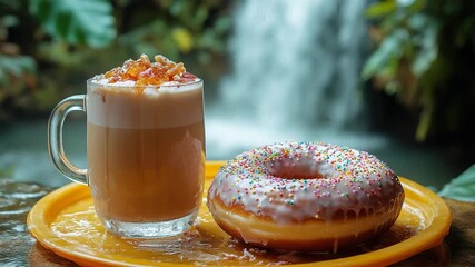 Refreshing iced coffee and a delicious donut served in a tropical paradise with a waterfall backdrop. - Powered by Adobe
