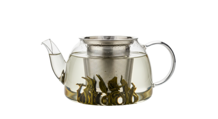 Glass teapot steeps blooming tea within a metal strainer surrounded by clear water against a isolated background.