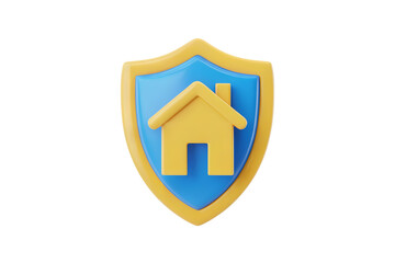 Fototapeta premium 3d illustration icon of home protection on golden shield. Isolated on transparent background, png