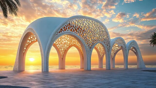 Ornate arches on a beach promenade at sunset, creating a serene and scenic view.