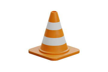 3d illustration icon of single orange safety cone with white stripes and base. Isolated on transparent background, png