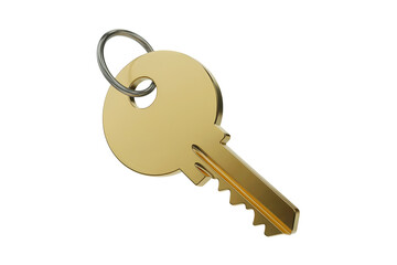 3d illustration icon of golden key on metal ring representing concept of security. Isolated on transparent background, png