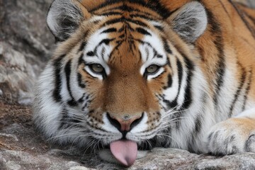 Close-Up of a Large Siberian Tiger Grooming Itself with Its Tongue in a Wild and Resting Pose
