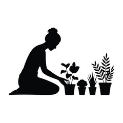Silhouette illustration of a person tending to potted plants in a garden scene vector graphic silhouette vector illustration white background