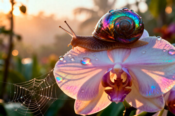 A snail with a vibrant iridescent rainbow shell on an orchid flower. Macro photography of wildlife with morning dew drops. Magical fantasy nature scene at sunrise