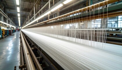 Fototapeta premium Industrial Textile Factory Interior With Rows of White Threads on Looms Under Bright Overhead Lighting Detailed View of Manufacturing Process in a Large Production Facility