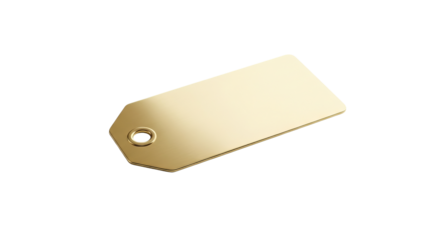 Gold tag is isolated against a background, reflecting subtle ambient light across its shiny surface.