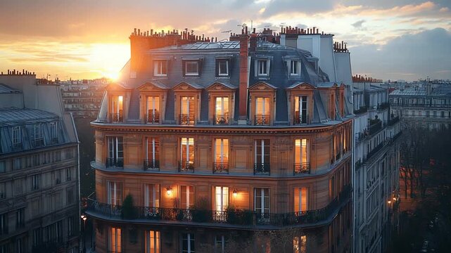 Golden Hour Glow on a Classic Parisian Building at Sunset.