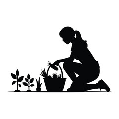 Silhouetted gardener woman harvesting vegetables in basket with seedlings vector illustration scalable eps icon silhouette vector illustration white background