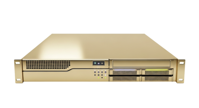 Gold server is positioned against the isolated background, featuring multiple drive bays, indicator lights, and ventilation grilles.