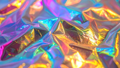 Iridescent fabric reflecting vibrant multicolored light creating abstract shimmering patterns with holographic glitter effects and soft focus background.