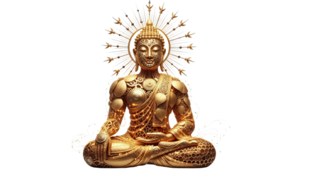 Golden Buddha sits in meditative pose with intricate mechanical and leaf-like details against a solid background.