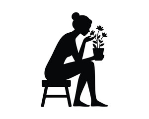 Elegant silhouette illustration of a woman admiring a potted plant vector graphic eps scalable design element silhouette vector illustration white background