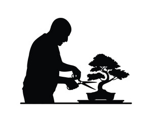 Silhouette vector illustration of person pruning a bonsai tree scalable eps graphic for design silhouette vector illustration white background