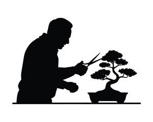 Silhouette illustration of a gardener pruning a bonsai tree with scissors vector art silhouette vector illustration white background
