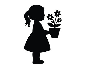 Elegant black silhouette illustration of a young girl holding a potted flower for scalable vector graphics and eps silhouette vector illustration white background