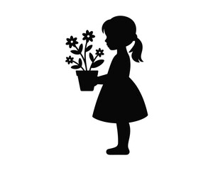 Scalable vector illustration silhouette of a young girl holding a potted flower plant eps for graphic design silhouette vector illustration white background