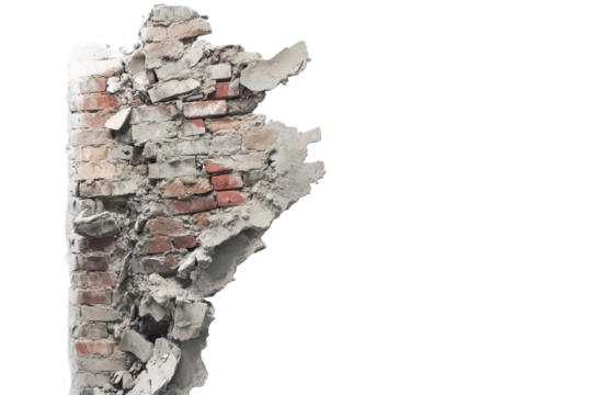 Cracked white rock formation with green mineral deposits isolated on transparent background. Destroyed brick walls by war on white background