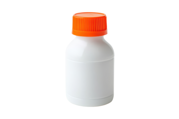 Small white plastic bottle with orange cap isolated on transparent background. White plastic bottle of glue with orange cap isolated on white background.